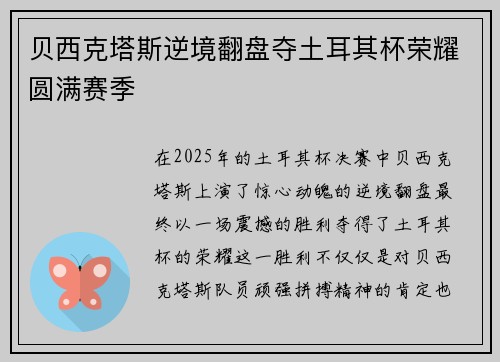 贝西克塔斯逆境翻盘夺土耳其杯荣耀圆满赛季